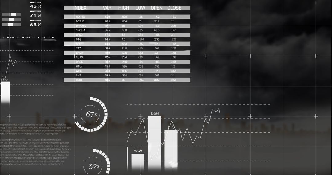 Infographic Interface Over Foggy Cityscape Demonstrating Data Visualization