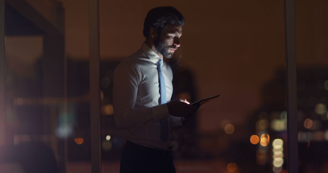 Businessman Working Late at Night with Tablet in Office - Free Images, Stock Photos and Pictures on Pikwizard.com