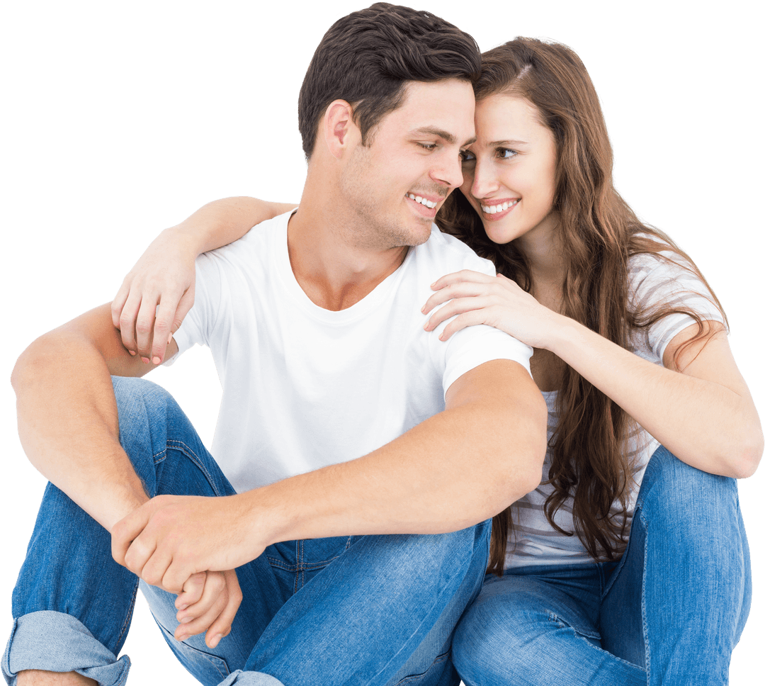 Transparent Close Smiling Embrace Between Young Couple in Casual Wear