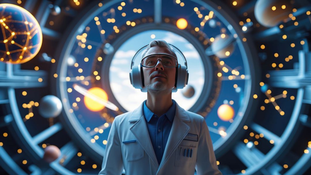 Futuristic astrophysicist analyzing space display in high-tech environment