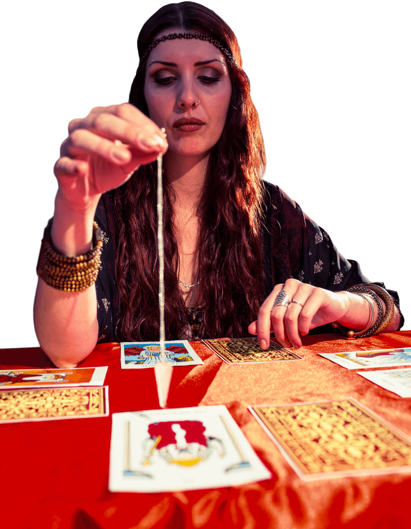 Transparent Fortune Teller Contemplating with Pendulum and Tarot Cards