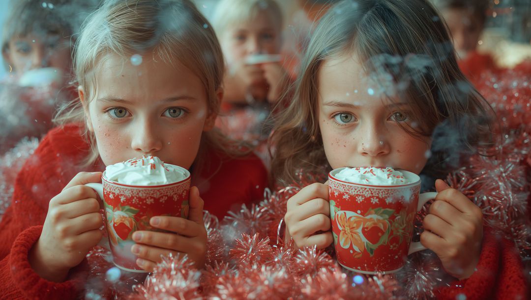 Smiling Children Enjoying Hot Cocoa during Holiday Season