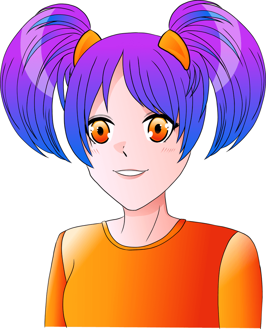Anime Girl with Violet Hair on Transparent Background, Colorful and Vibrant