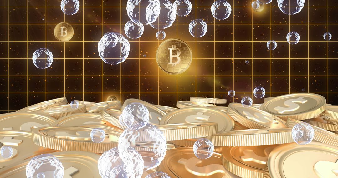 Digital Currency Cosmic Scene with Floating Coins and Symbols