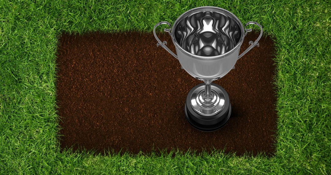 Silver trophy on grass field with festive confetti above