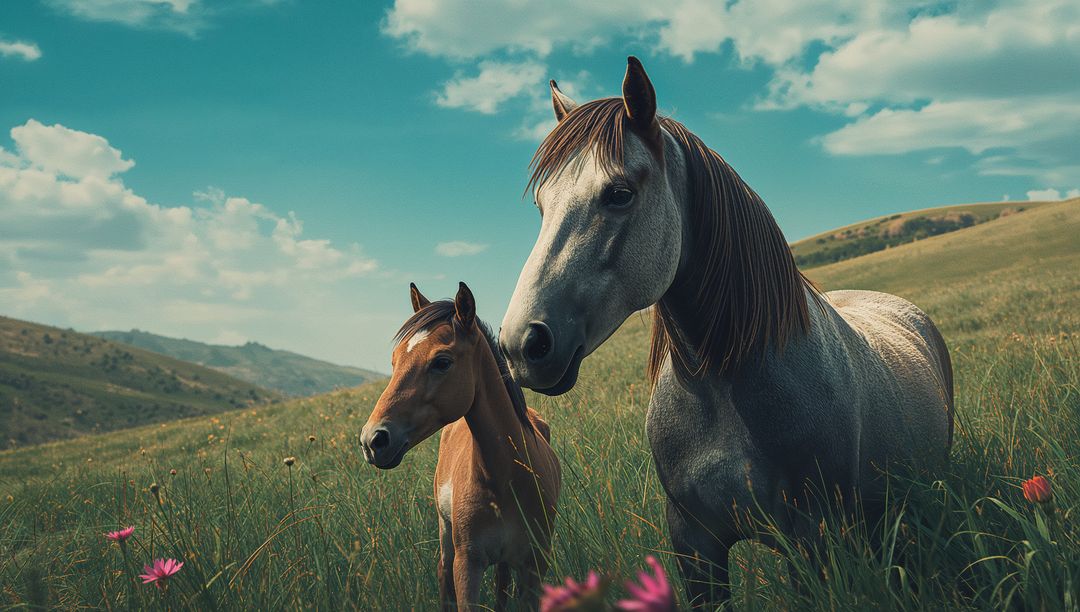 Gray Mare and Brown Foal in Meadow with Wildflowers