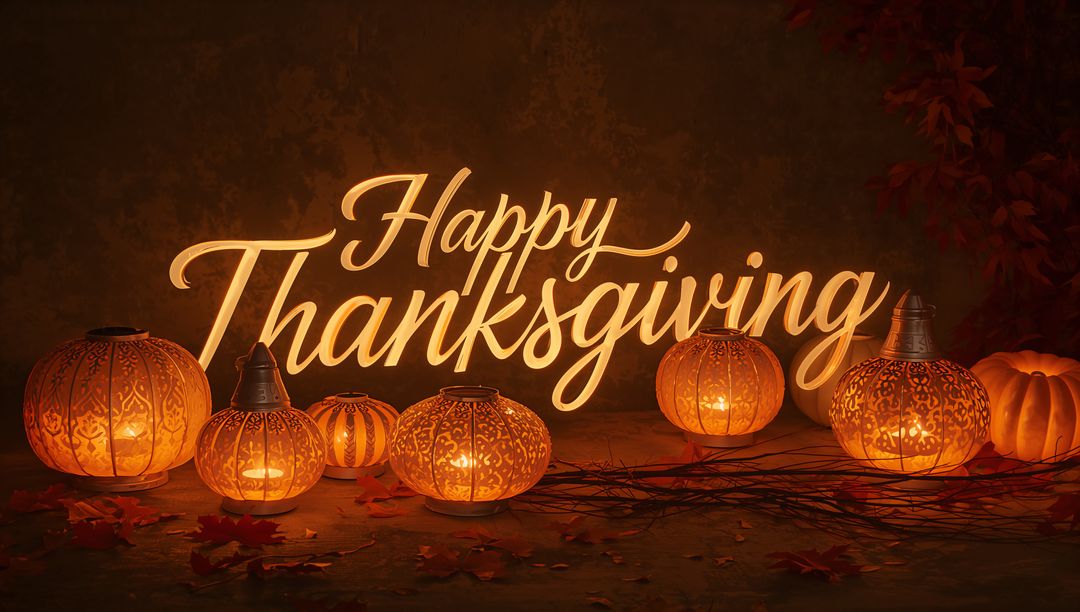 Glowing Happy Thanksgiving Script with Pumpkin Lanterns on Rustic Tabletop, Cozy Fall Mood