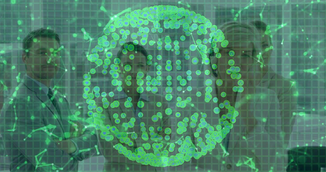 Business Team Analyzing Holographic Virus Model in High-Tech Laboratory