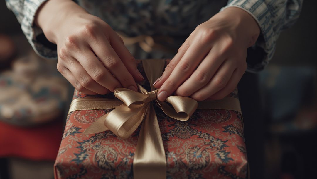 Elegant Hands Tying Ribbon on Patterned Gift Box