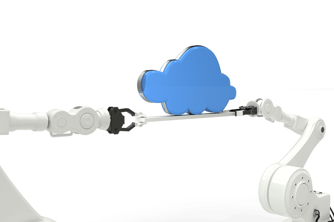 Transparent cloud computing concept with robotic arms