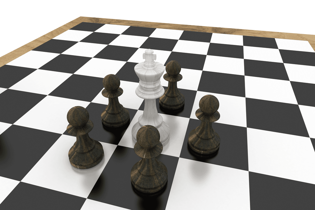 White Chess King Surrounded by Dark Pawns on Transparent Chessboard