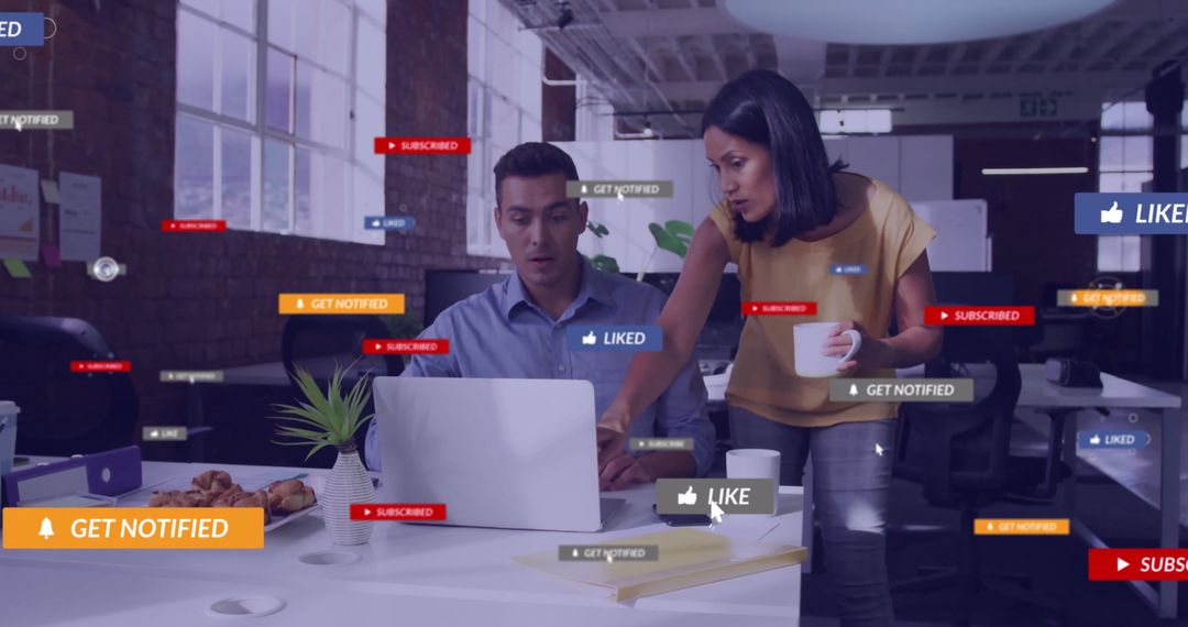 Diverse Business Team Analyzing Social Media Metrics in Modern Office