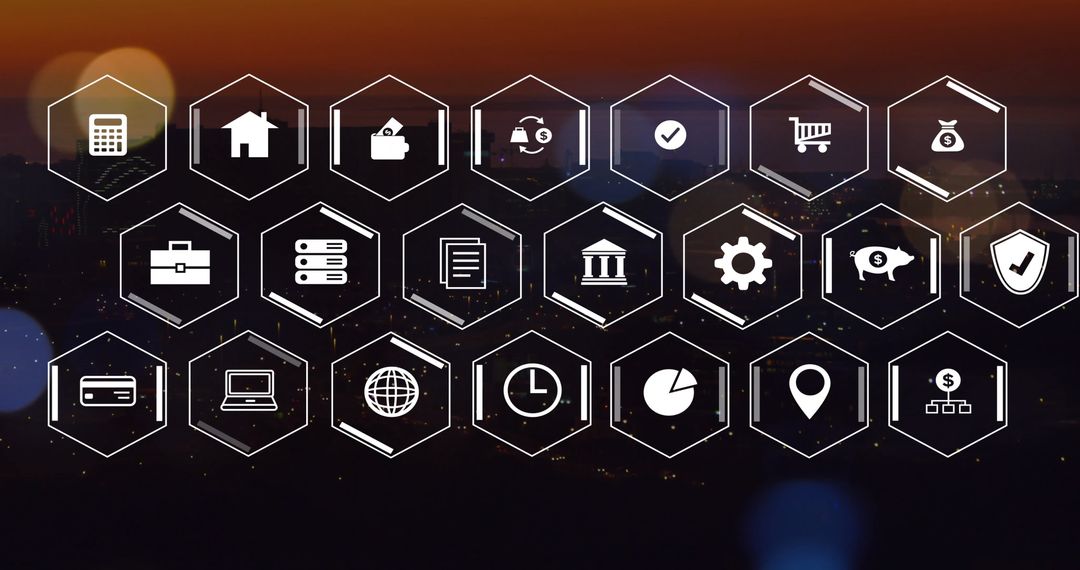 Digital Business Icons Overlaying Cityscape at Dusk