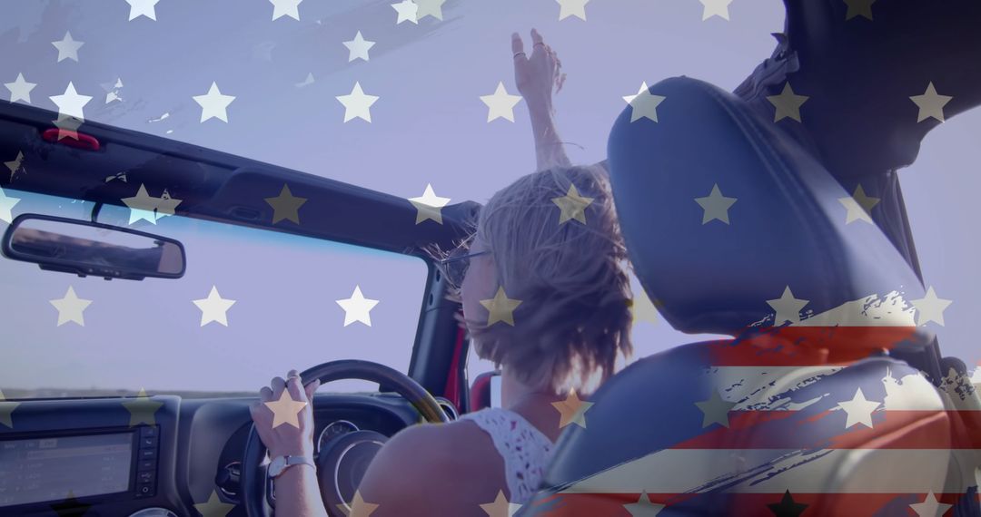 Patriotic Woman Driving Convertible Beach Adventure with USA Flags