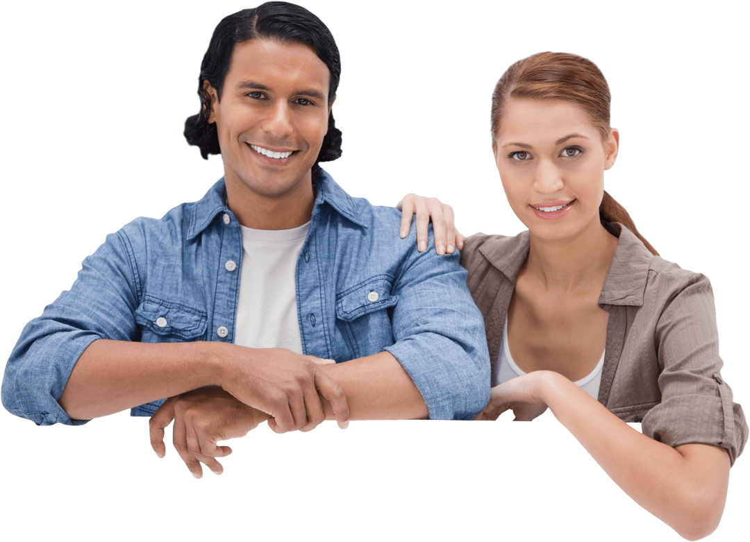 Smiling Couple Showing Blank Card on Transparent Background