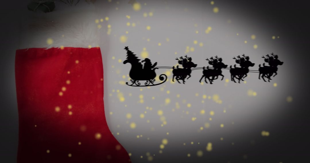 Santa Claus Sleigh and Reindeer Silhouette Over Red Christmas Stocking