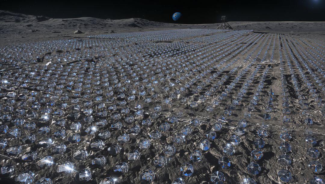 Lunar Mirror Farm Harvesting Sunlight with Reflective Domes and Earthrise