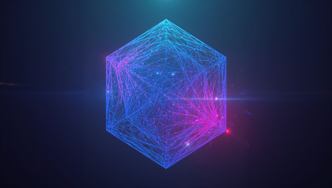 Glowing Neon Wireframe Polyhedron in Futuristic Virtual Space
