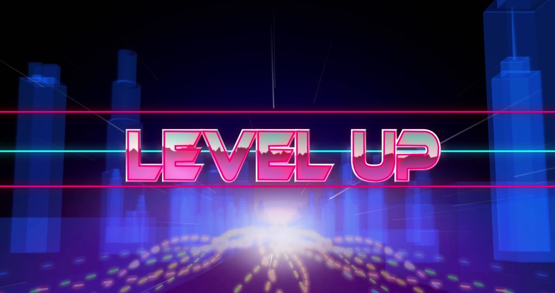 Level Up Concept with Neon Lights and Digital Cityscape