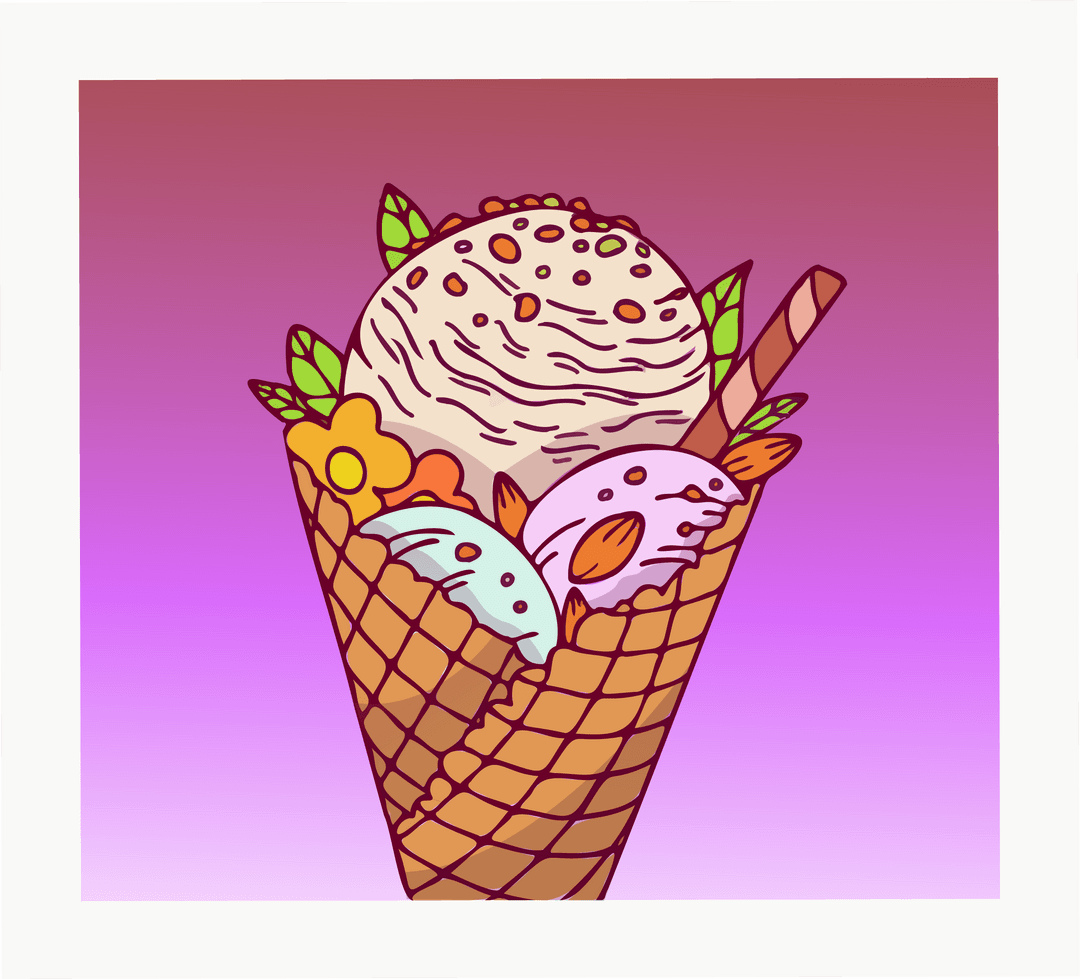 Delicious Ice Cream Cone Trio with Sprinkles and Almonds on Transparent Background