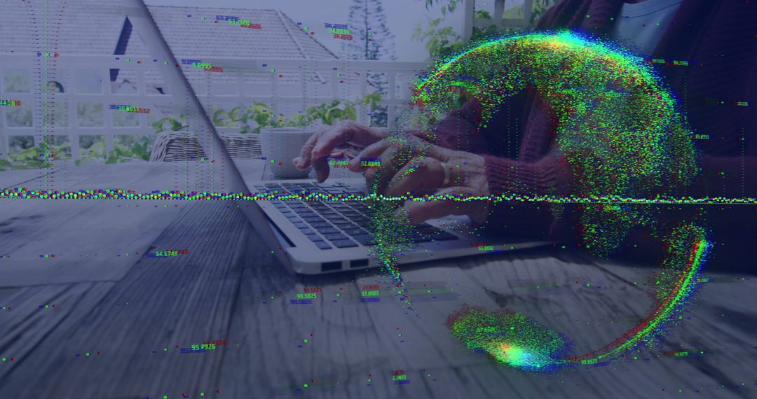 Digital Globe Overlay on Businessman with Laptop: Cybersecurity and Data Processing