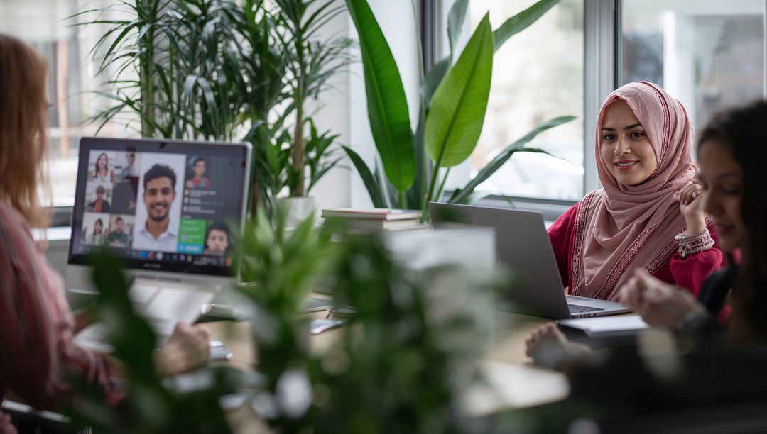 Confident Woman in Hijab Using Laptop During Team Video Call