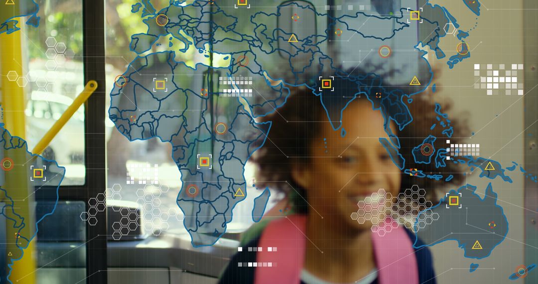 Girl Traveling on Bus with Digital Global Communication Interface