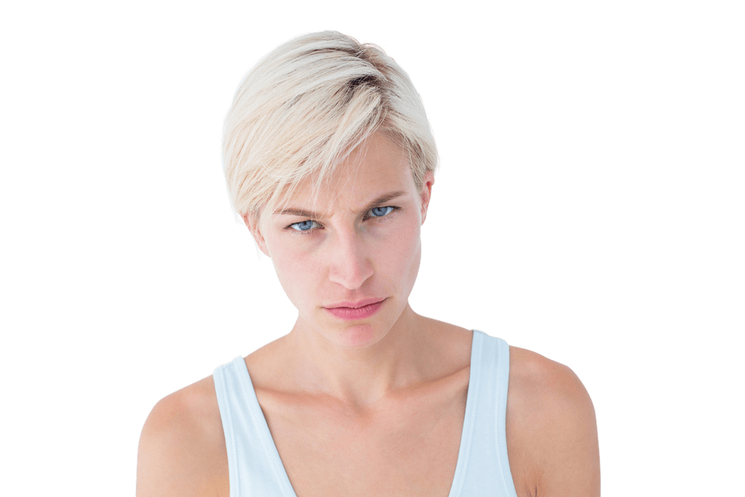Transparent Background of Upset Woman Staring at Camera Upright Pose