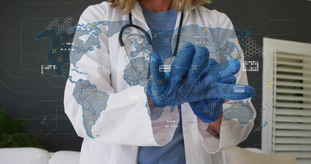 Doctor Donning Gloves with Global Technology Overlay Interface