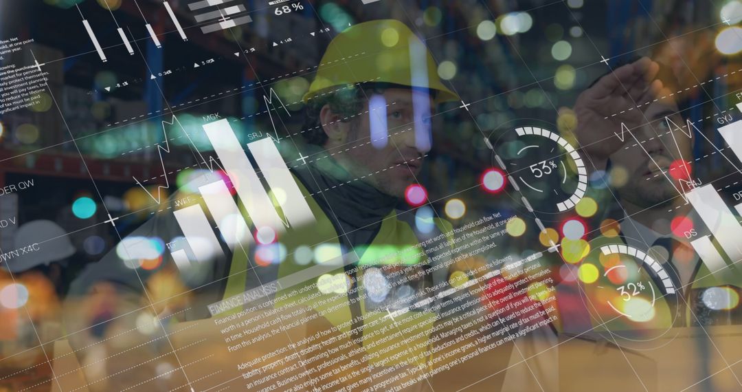 Digital Finance Overlay on Warehouse Workers Analyzing Data Visualization