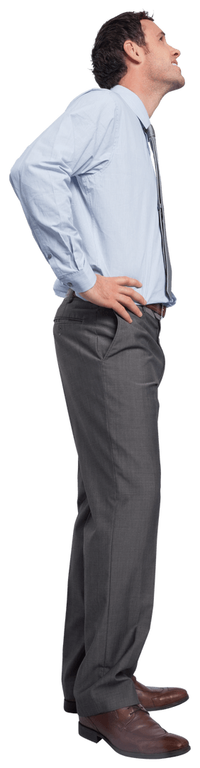 Side View Smiling Businessman with Hand on Hip against Transparent Background