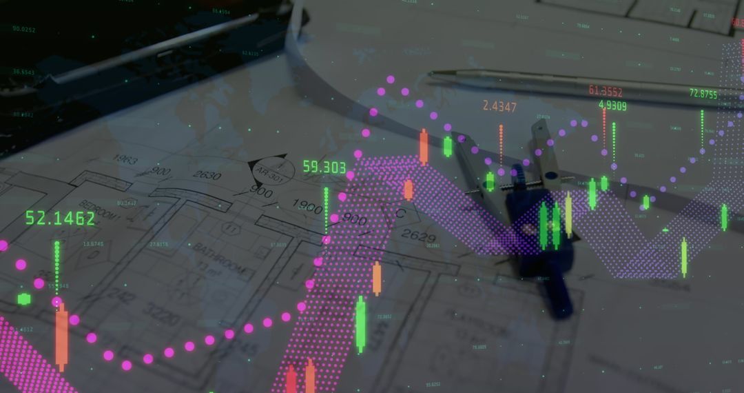 Architectural Blueprint Overlayed with Financial Data Analysis