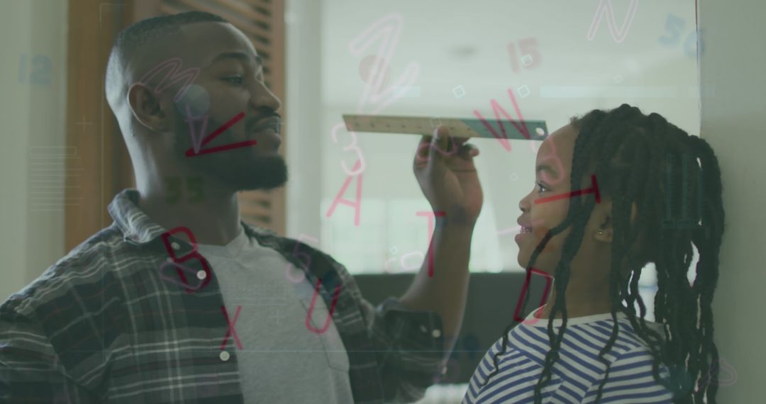 Father Measuring Daughter's Height with Digital Education Overlay
