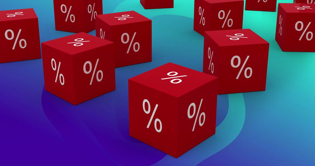Red Percentage Cubes on Gradient Background Illustrating Sales and Economy