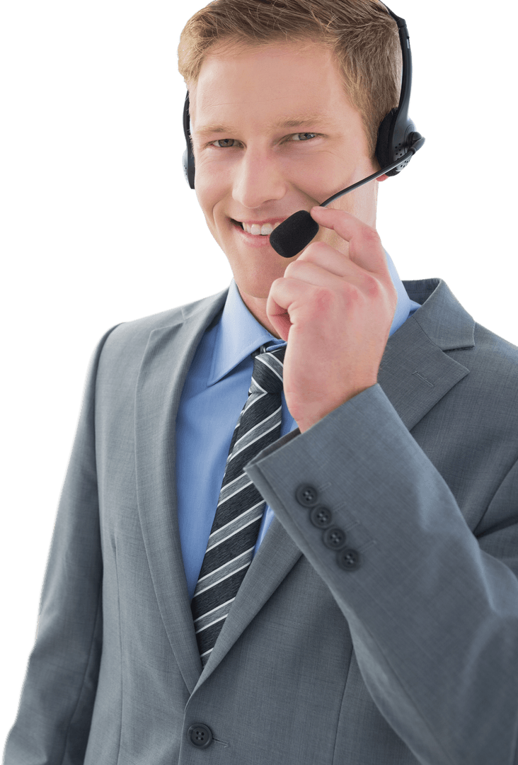 Happy Caucasian Businessman Using Headset on Transparent Background