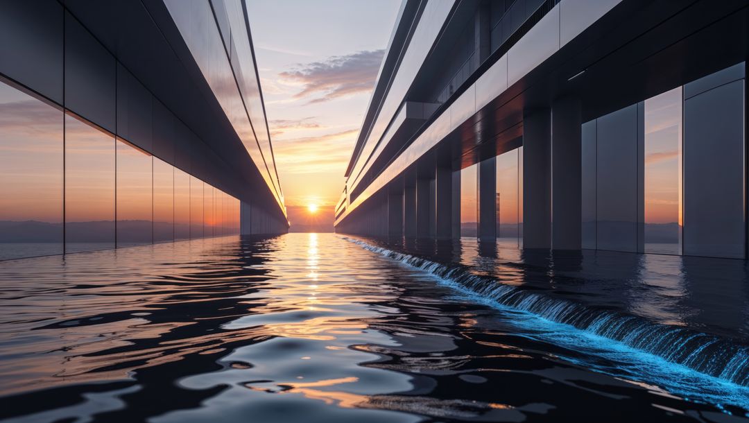Futuristic water channel through architecture at sunset, streamlined design