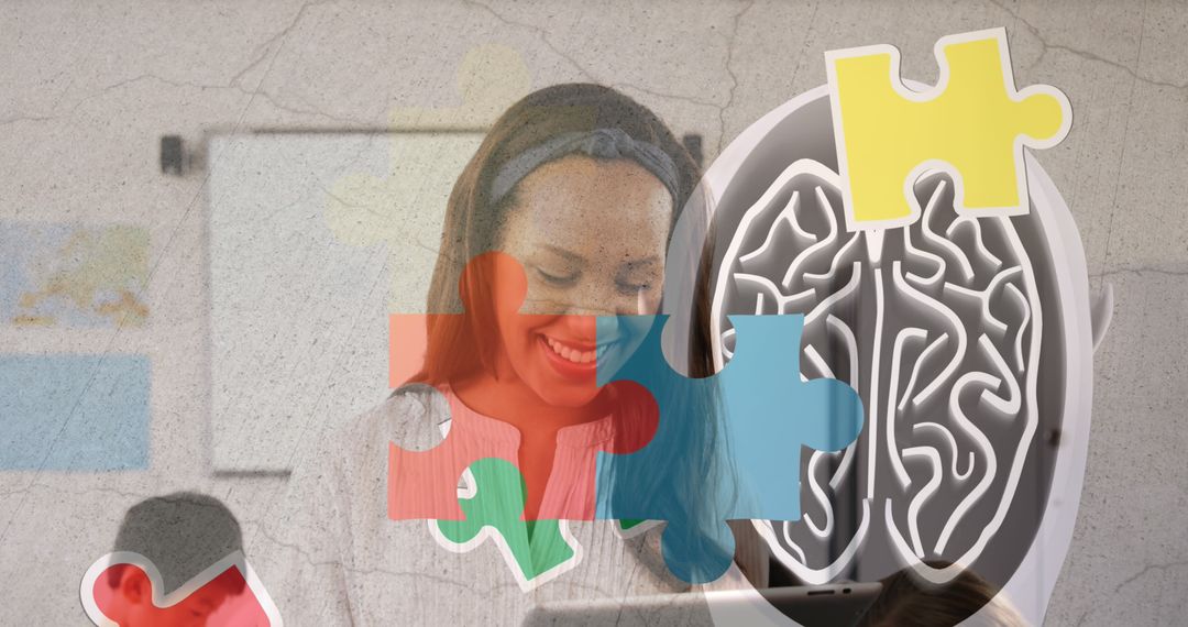Image of colorful puzzle and brain over biracial woman with tablet and diverse children - Free Images, Stock Photos and Pictures on Pikwizard.com