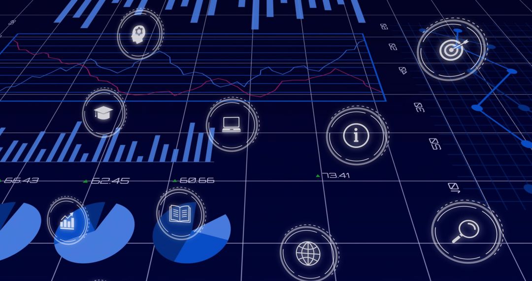 Futuristic Digital Analytics Dashboard with HUD Icons, Pie Charts, Line Graphs, Metrics
