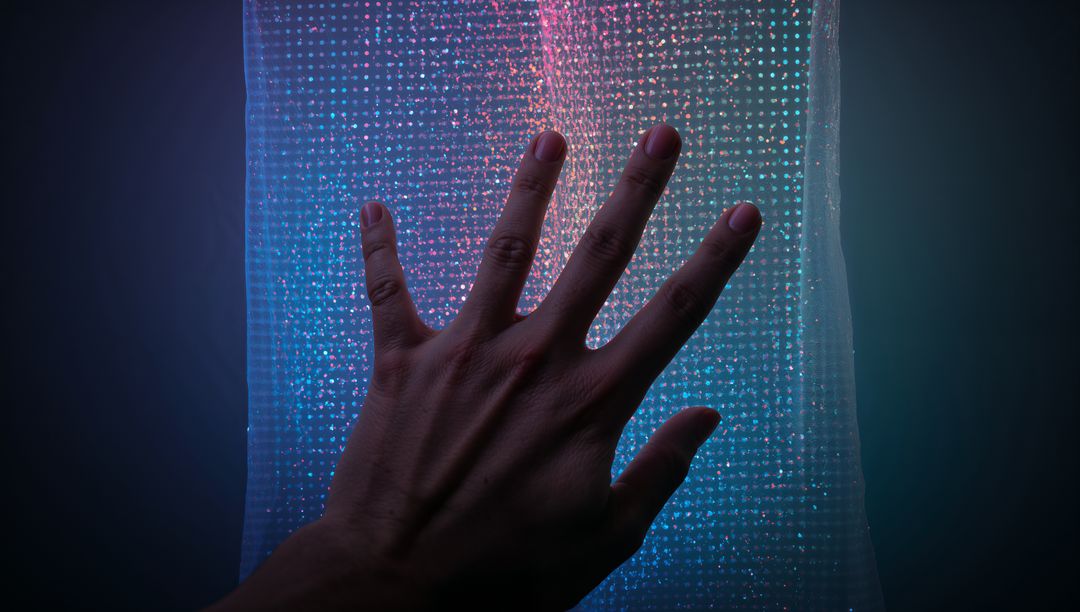 Pressing Hand Touching Translucent Micro-Light Panel with Neon Blue and Pink Glow