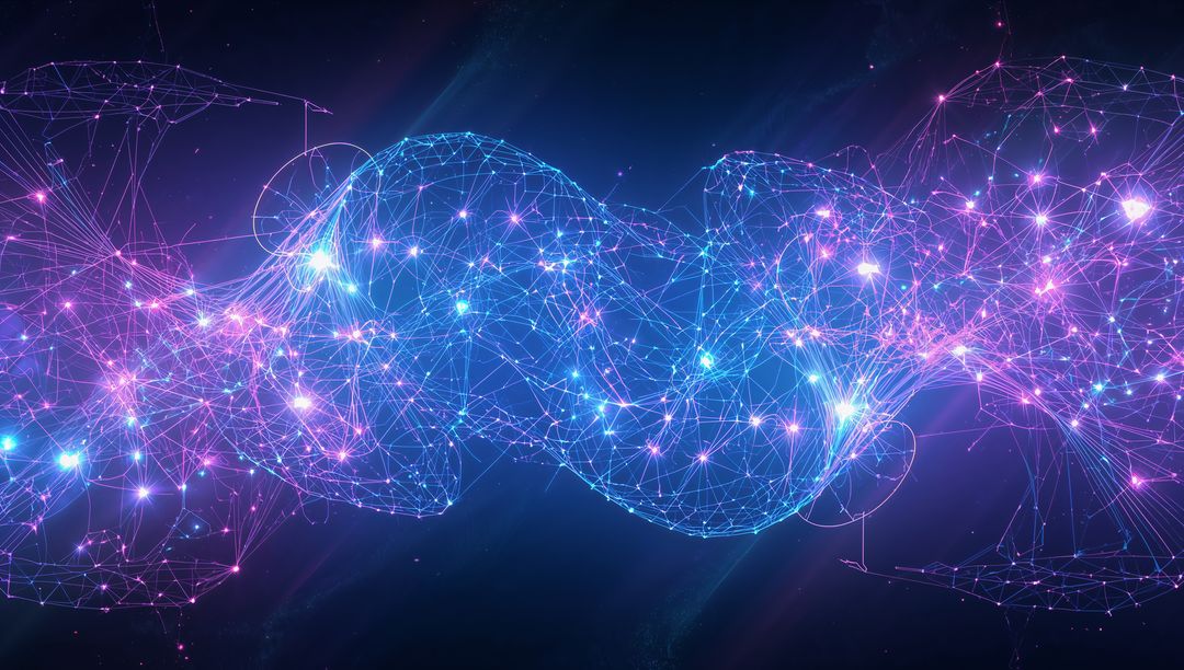 Glowing Twin Helix Data Stream Connecting Neural Mesh and Neon Particles in Virtual Space