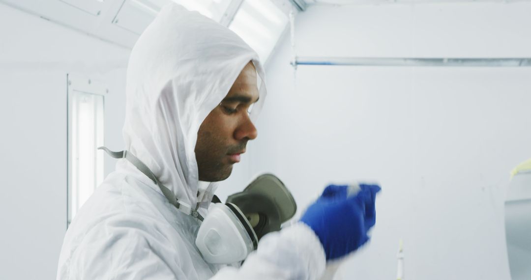 Scientist Wearing Protective Suit and Gloves Unfocusing in Laboratory - Free Images, Stock Photos and Pictures on Pikwizard.com