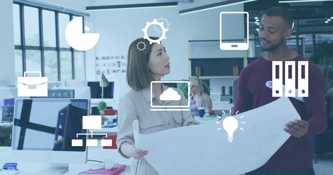 Architects Collaborate on Floor Plan with Digital Design Icons