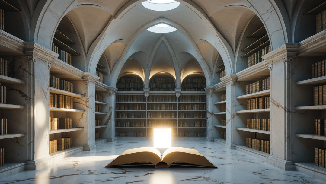 Mystical Ancient Library with Glowing Open Book