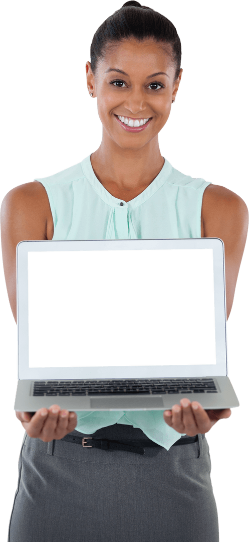 Transparent Smiling Businesswoman Holding Open Laptop