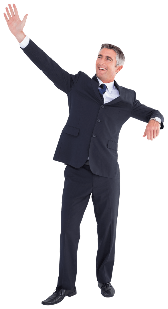 Transparent Businessman in Suit Waving Enthusiastically