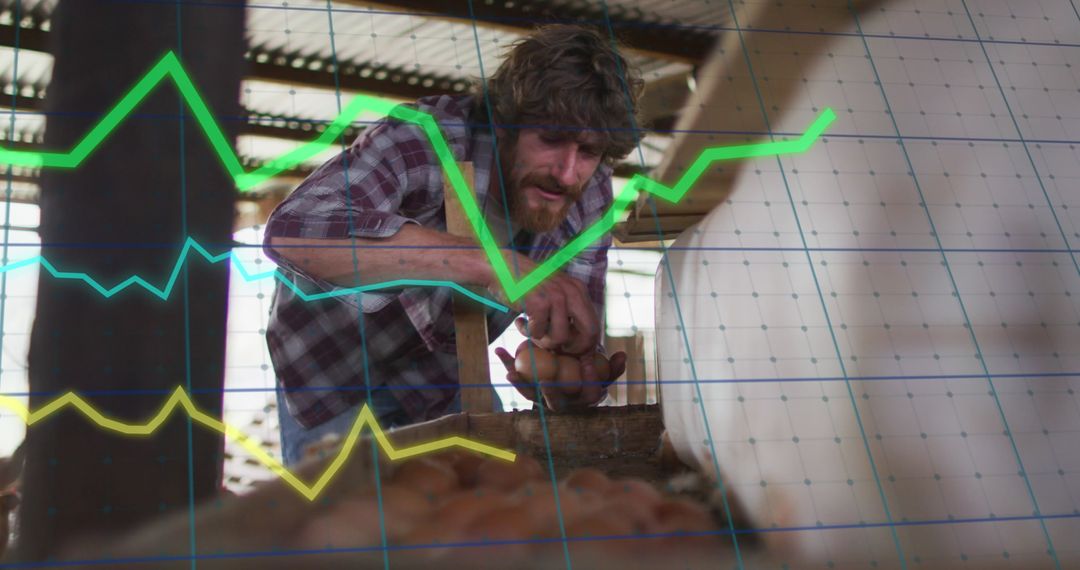 Farmer Analyzing Egg Production with Digital Financial Overlay