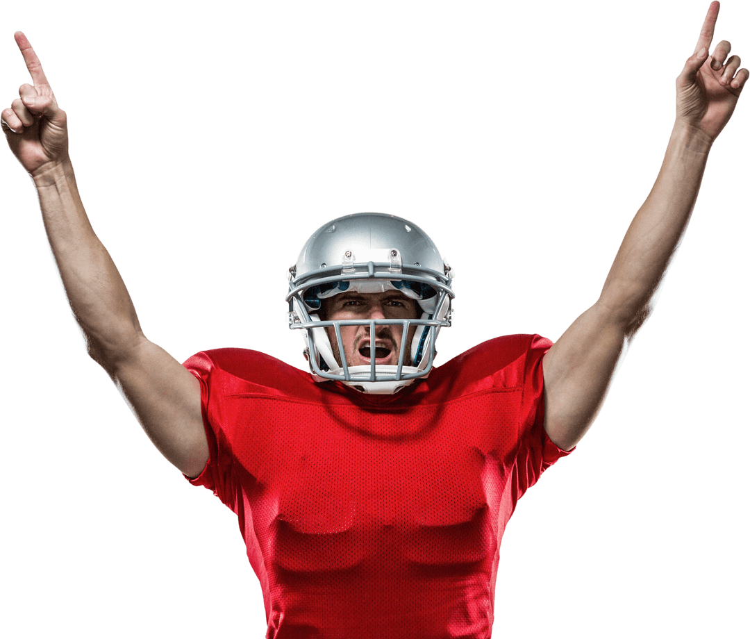 Dynamic American Football Player in Red Celebrating against Transparent Background