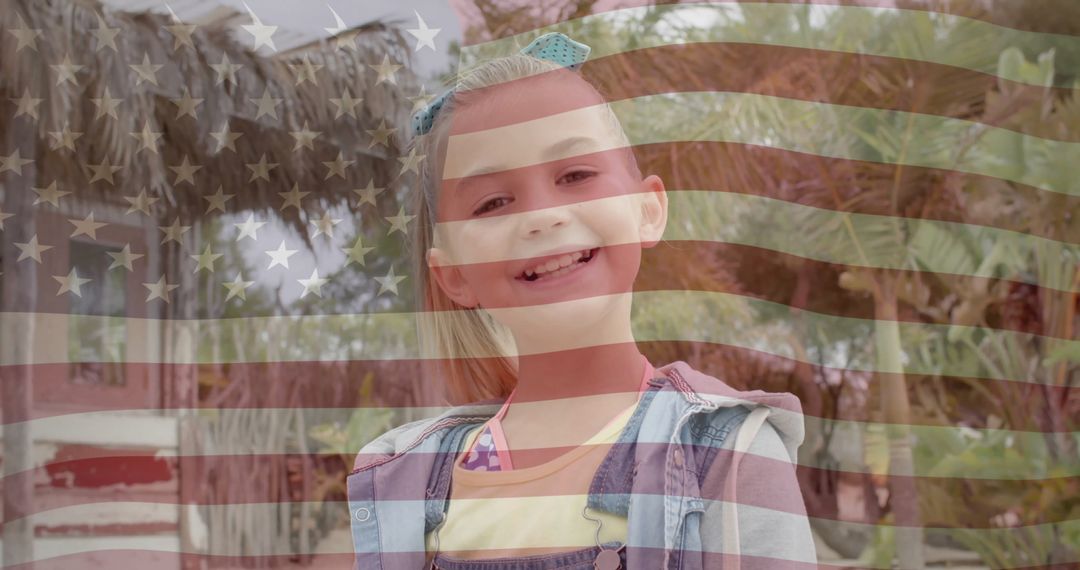 Smiling Girl With American Flag Overlay in Sunny Garden