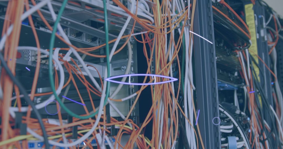 Server Room with Tangled Cables and Neon Ring