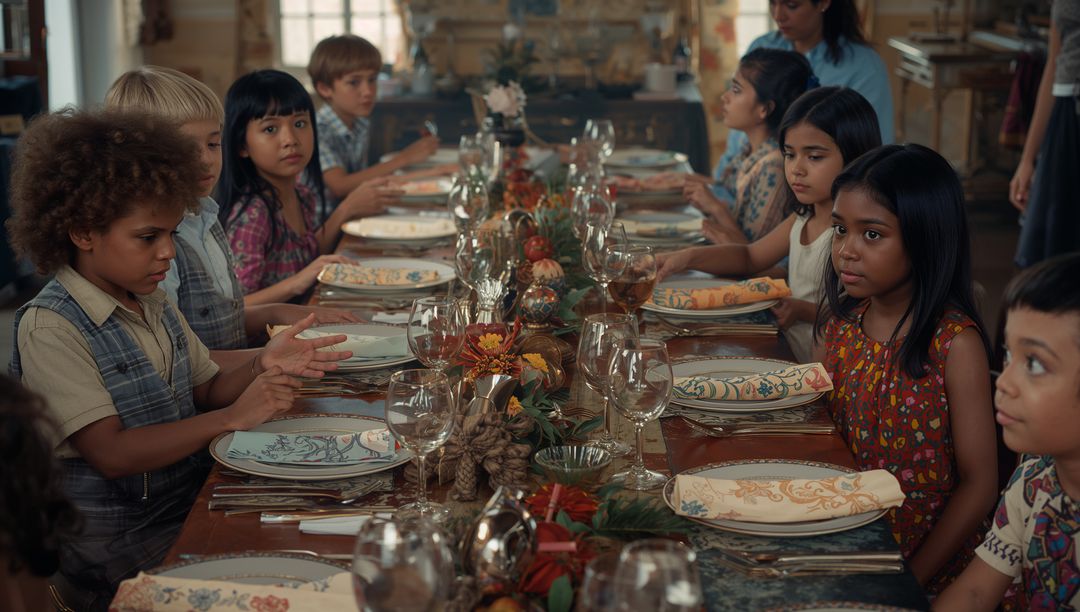 Diverse Group of Children at Rustic Fall Table Gathering